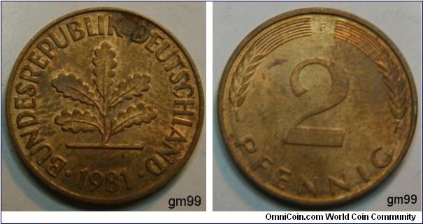 2 Pfennig (Copper Plated Steel) Obverse; Plant with 5 leaves,
BUNDESREPUBLIK DEUTSCHLAND date 1981
Reverse;Stalks either side of value,
2 PFENNIG