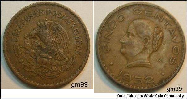 Bronze.25.5 mm,
Obverse: National arms, eagle left.Reverse: Head left.5 Centavos