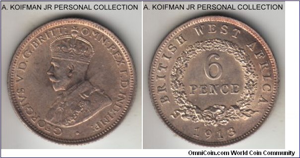 KM-11, 1913 British West Africa 6 pence, Royal Mint (no mint mark); silver, reeded edge; George V, first year of the type, average uncirculated or so, nice luster.