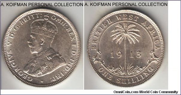 KM-12, 1913 British West Africa shilling, Royal mint (no mint mark); silver, reeded edge; first year of the type, issued for Nigeria, Ghana and other West African british possessions, lustrous uncirculated.