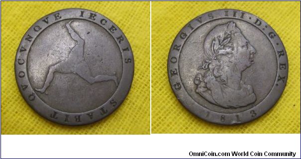 Isle of Man token penny 1813. See triskelion on reverse, which is also found on ancient coins from Sicily and Syracuse and is an ancient symbol for the sun.