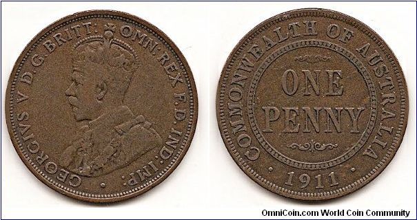 1 Penny
KM#23
9.4000 g., Bronze, 30.5 mm. Ruler: George V Obv: Crowned
bust left Obv. Leg.: GEORGIVS V D.G. BRITT: OMN: REX F.D:
IND: IMP Rev: Value in inner circle Edge: Plain