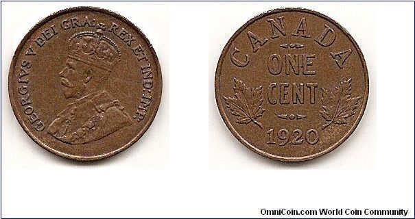 1 Cent
KM#28
3.2400 g. Comp.: Bronze Ruler: George V Obv.: King's bust left
Rev.: Denomination above date, leaves flank Edge: Plain Size: 19.10 mm.