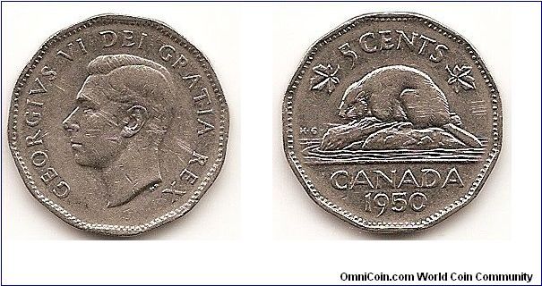 5 Cents
KM#42
4.5400 g. Comp.: Nickel Ruler: George VI Obv.: Head left,
modified legend Rev.: Beaver on rock divides date and denomination Size: 21.2 mm.