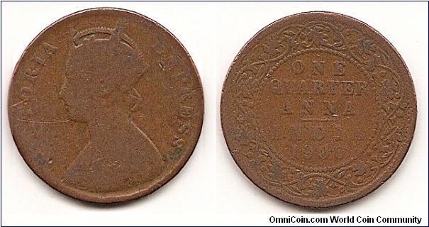 1/4 Anna-India-British-
KM#486
Copper 25.1mm Obv. Legend: VICTORIA EMPRESS
