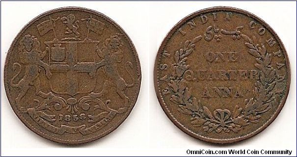 1/4 Anna-East India-British-
KM#463.2
Copper 25.4 mm Issuer: East India Company Obverse: Large shield Reverse: Wreath tips are single leaves