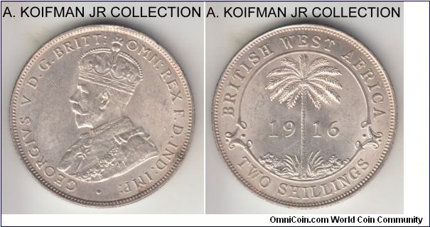 KM-13, 1916 British West Africa 2 shillings, Heaton mint (H mint mark); silver, reeded edge; early George V, more common year, bright uncirculated with minimal peripheral toning.