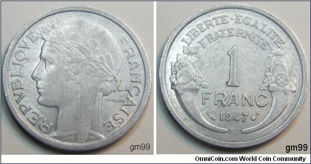 1 Franc (Aluminum), Obverse: Liberty facing left,
REPVBLIQVE FRANCAISE
Reverse: Legend between two cornucopiae, mintmark B below
LIBERTE EGALITE FRATERNITE 1 FRANC date 1947