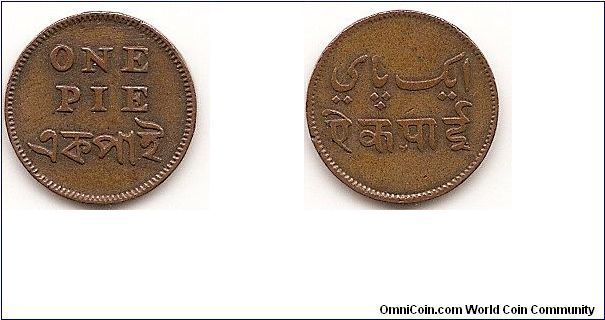 1 Pie-Bengal Presidency-
KM#58
2.1600 g., Copper, 16.5 mm. Mint: Calcutta Obverse: Value in English and Bengali Reverse: Valuein Persian and Hindi