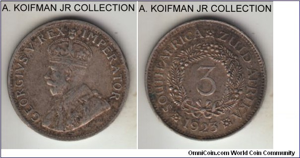 KM-15a, 1923 South Africa 3 pence; silver, plain edge; George V first type, a 3 year issue, toned very fine or about.