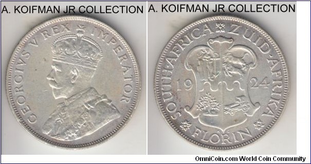 KM-18, 1924 South Africa florin; silver, reeded; first George V type, good details - good very fine to about extra fine, but old cleaning.