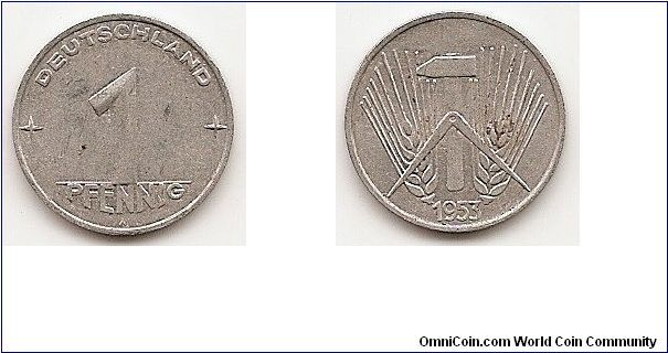 1 Pfennig-Democratic Republic-
KM#5
Aluminum Obv: Denomination Rev: Grain sprigs back of hammer and protractor