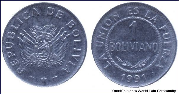 Bolivia, 1 boliviano, 1991, Steel.                                                                                                                                                                                                                                                                                                                                                                                                                                                                                  