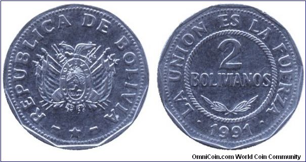 Bolivia, 2 bolivianos, 1991, Steel.                                                                                                                                                                                                                                                                                                                                                                                                                                                                                 