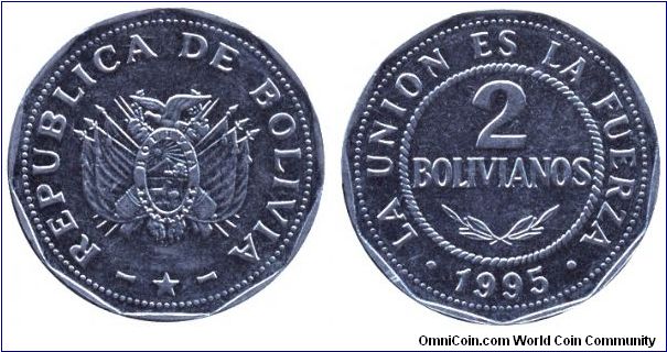Bolivia, 2 bolivianos, 1995, larger than 1991 type.                                                                                                                                                                                                                                                                                                                                                                                                                                                                 