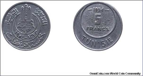 Tunisia, 5 francs, 1954, Cu-Ni.                                                                                                                                                                                                                                                                                                                                                                                                                                                                                     