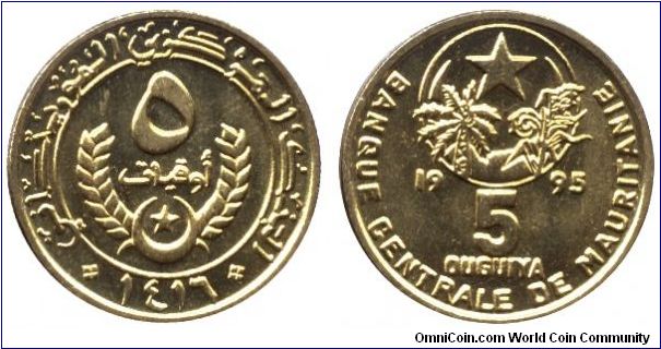 Mauritania, 5 ouguiya, 1995, Cu-Ni-Al, it is rather Al-Ni-Bronze versus what KM states.                                                                                                                                                                                                                                                                                                                                                                                                                             