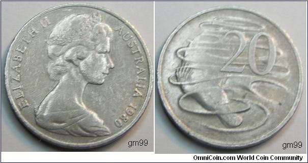 20 Cents (Copper-Nickel) Obverse: Crowned head of Queen Elizabeth II right,
ELIZABETH II AUSTRALIA date 1980
Reverse: Duckbill platypus,
20