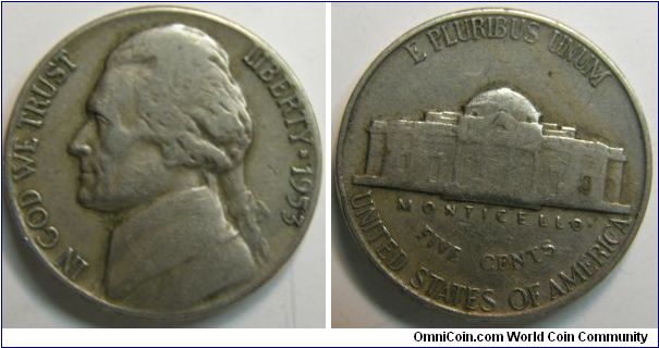 Jefferson Nickel
Metal content:
Copper - 75%
Nickel - 25%
Weight: 5 grams
Edge: Plain
Mintmark: None (for Philadelphia) to the right of the building on the reverse