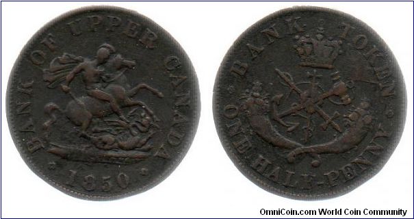 1850 Bank of Upper Canada St. George halfpenny token