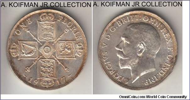 KM-817, 1916 Great Britain florin; silver, reeded edge; George V, golden toned borderline uncirculated, weaker reverse strike, touch of toning in places.