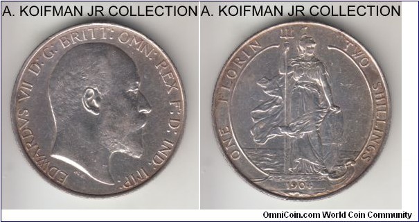 KM-801, 1904 Great Britain florin; silver, plain edge; Edward VII, almost uncirculated, cleaned.
