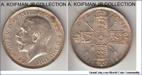 KM-817, 1911 Great Britain florin; silver, reeded edge; first year of George V, very nice and lustrous with just a touch of toning on obverse, uncirculated or almost.