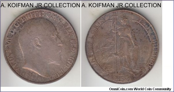 KM-801, 1909 Great Britain florin; silver, reeded edge; Edward VII, scarcer type, very fine or almost, darker toned.