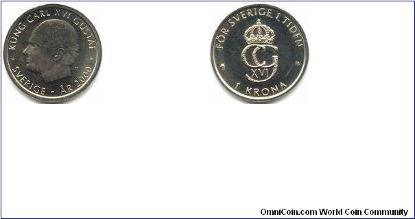 1 krona 2000.
 King Carl XVI Gustaf.