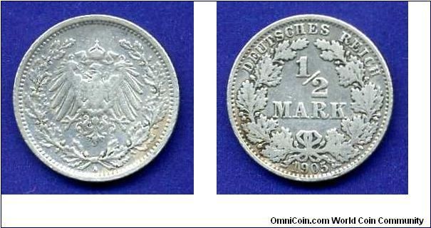 1/2 Mark.
German empire.


Ag900f. 2,77gr.