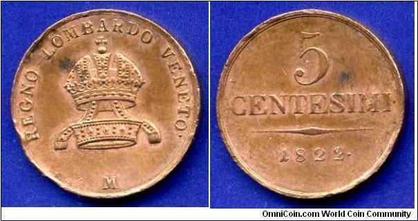 5 centesimi.
Austrian province Lombardia & Venetia.
Franc I (1806-1835).
Austrian empire.
'M' mint-Milan.


Cu.