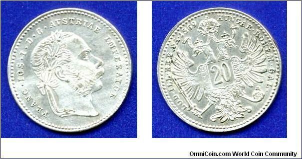 20 kreuzer (20 Neuekreuzer).
Franc Ioseph I (1848-1916).
Austro-Hungary empire.


Ag500f. 2,66gr.