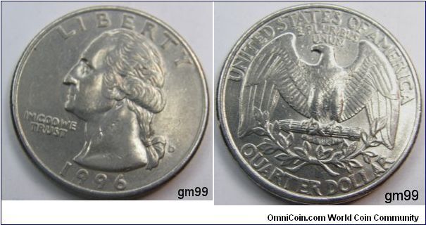 1996D Washington Quarter
Mintmark: D (for Denver, CO) on the obverse just right of the ribbon