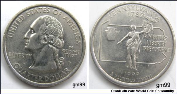 Our second state, founded on December 12, 1787. The statue Commonwealth, The Keystone State. 1999D Quarter