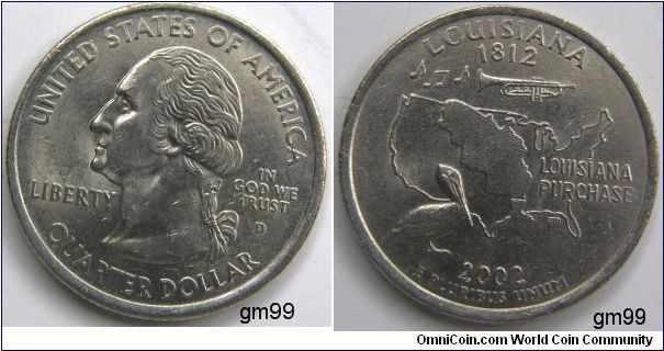 Louisiana's state bird -- the pelican, a trumpet with musical notes, and the outline of the Louisiana Purchase territory, along with the inscription Louisiana Purchase. Jazz was born in New Orleans over a hundred years ago. 2002D Quarter