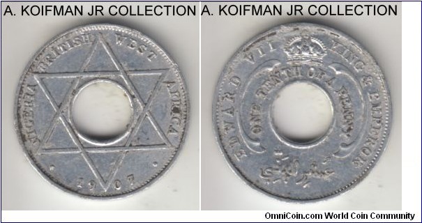 KM-1, 1907 British West Africa 1/10 penny; aluminum, plain edge; Edrawd VII, first BWA coin, typically a bit of aluminum corrosion and dirty in places, almost uncirculated for wear.
