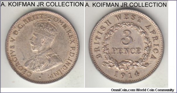 KM-10, 1914 British West Africa 3 pence, Heaton mint (H mint mark); silver, plain edge; George V, first type, lightly toned good extra fine to almost uncirculated.