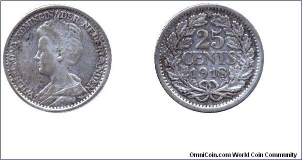 Netherlands, 25 cents, 1918, Ag, Queen Wilhelmina; 0,640 silver.                                                                                                                                                                                                                                                                                                                                                                                                                                                    