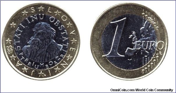 Slovenia, 1 euro, 2007, Ni-Brass-Cu-Ni, Primož Trubar.                                                                                                                                                                                                                                                                                                                                                                                                                                                              
