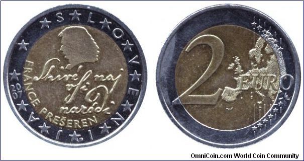 Slovenia, 2 euros, 2007, Cu-Ni-Ni-Brass, Dr. France Prešeren.                                                                                                                                                                                                                                                                                                                                                                                                                                                       