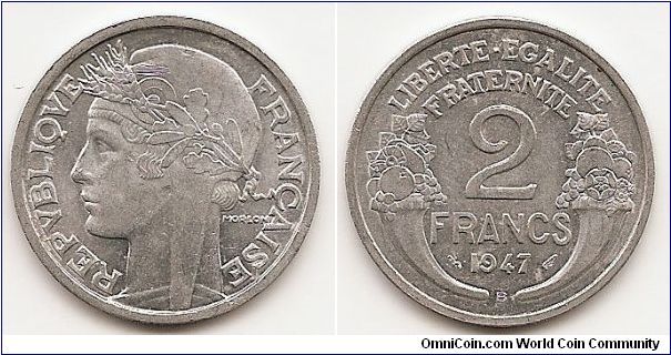 2 Francs
KM#886a.2
2.2000 g., Aluminum, 27 mm. Obv: Laureate head left Rev:
Denomination and date flanked by cornucopias