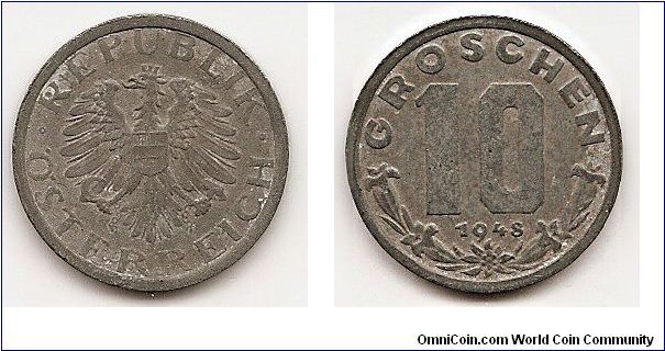 10 Groschen
KM#2874
3.5000 g., Zinc, 21 mm. Obv: Imperial Eagle with Austrian shield
on breast, holding hammer and sickle Rev: Large value above
date, trumpet flower spray below Edge: Plain