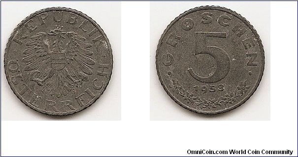 5 Groschen
KM#2875
2.5000 g., Zinc, 18.86 mm. Obv: Imperial Eagle with Austrian
shield on breast, holding hammer and sickle Edge: Reeded