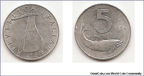 5 Lire
KM#92
1.0350 g., Aluminum, 20.12 mm. Obv: Rudder Rev: Dolphin
and value Edge: Plain