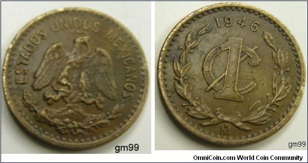 Centavo,
Bronze,20mm,Obverse:National arms, Reverse: Value below date: 1946 within wreath. NOTE: Mint mark Mo.