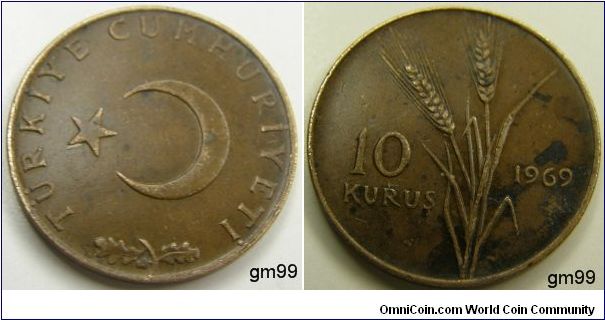 10 Kurus (Bronze) Obverse: Star and Crescent above sprig,
TURKIYE CUMHURIYETI
Reverse: Stalk of wheat dividing denomination and date 1969,
10 KURUS