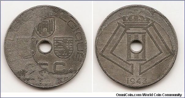 25 Centimes
KM#132
Zinc Obv: Three shields above denomination, hole at center,
legend in Dutch Obv. Leg.: BELGIE-BELGIQUE Rev: Crowned
design above date, hole at center