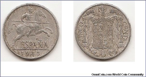 5 Centimos
KM#765
Aluminum Obv: Armored figure on rearing horse Rev: Crowned
shield within eagle flanked by pillars with banner Note: Mint mark:
6-pointed star. To realize the values below all Unc. and BU coins
must have full strike including letters.