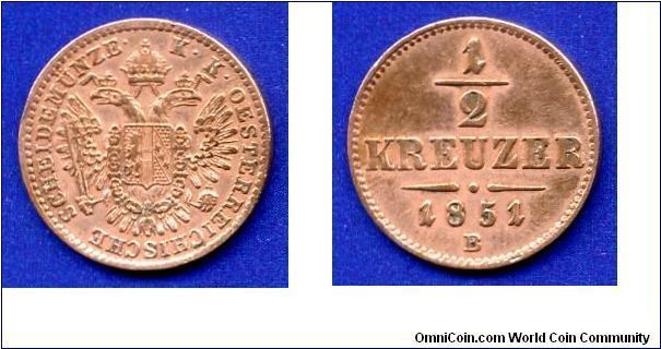 1/2 kreuzer.
Austrian empire.
Franc Ioseph I (1848-1916).
(B) Kremnitz mint.


Cu.