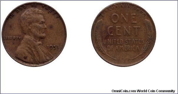 USA, 1 cent, 1951, Bronze, Lincoln.                                                                                                                                                                                                                                                                                                                                                                                                                                                                                 